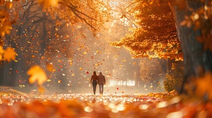 Romantic Autumn Stroll Through Vibrant Foliage Filled Park Landscape
