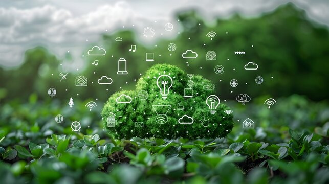 Environmental Benefits of Cloud Computing with Green Energy Icons and Cloud Data Centers