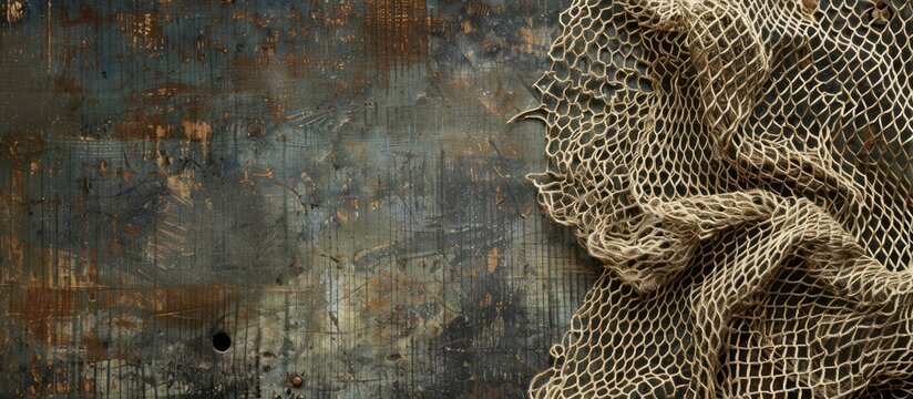 Drying an aged, torn fishing net with holes set against a maritime nautical backdrop, suitable for a copy space image.