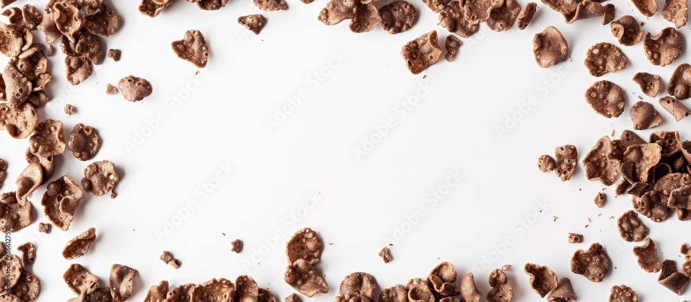Poster chocolate corn flakes frame on a white background with copy space image.