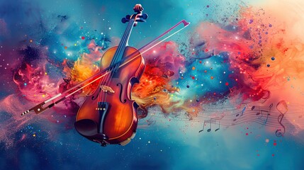 Colorful violin painting with colorful paint powder explosion background. The painting conveys a sense of creativity and artistic expression