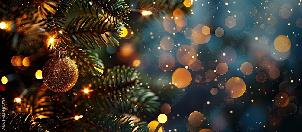 Poster Blurred bokeh lights from a Christmas tree on a dark background create an abstract festive backdrop with ample copy space image for text.