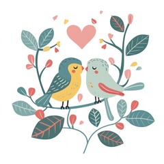Two Cute Birds Sharing a Tender Moment on a Floral Branch, Perfect for Valentine's Day - Generative ai