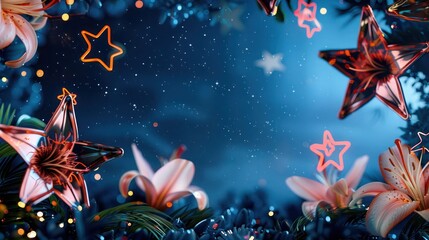 A sapphire blue night sky canvas burst with rose gold foil stars and radiant neon lily accents, creating a spectacle reminiscent of a festive night sky illuminated by stars.