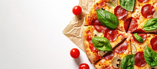 An idea for a restaurant or fast food promotional material, featuring pizza delivery on a blank white background with copy space image.