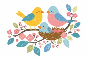 Family of Colorful Birds Nesting Together on a Blossoming Branch - Generative AI
