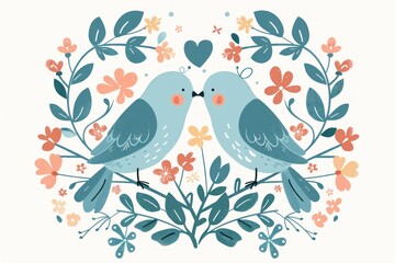Two Cute Birds Sharing a Tender Moment on a Floral Branch, Perfect for Valentine's Day - Generative ai