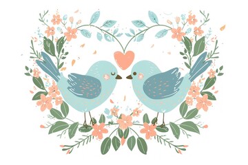 Fototapeta premium Two Cute Birds Sharing a Tender Moment on a Floral Branch, Perfect for Valentine's Day - Generative ai