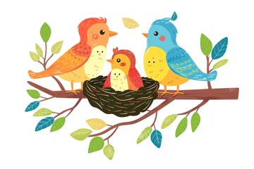 Family of Colorful Birds Nesting Together on a Blossoming Branch - Generative AI