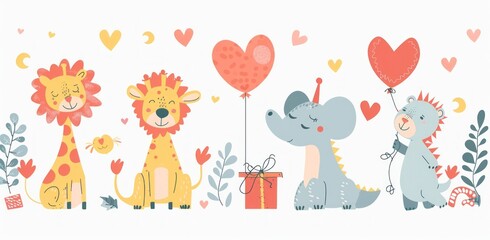 Adorable Jungle Animals Celebrating Love with Heart Balloons - Cute Valentine's Day Theme Generative ai