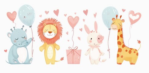 Adorable Jungle Animals Celebrating Love with Heart Balloons - Cute Valentine's Day Theme Generative ai