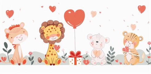 Adorable Jungle Animals Celebrating Love with Heart Balloons - Cute Valentine's Day Theme Generative ai