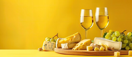 Cheese assortment on a board with white wine, set against a yellow background featuring a copy space image.