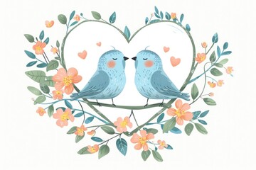 Whimsical Love Birds on Floral Branch in a Heart-Shaped Blossom - A Perfect Valentine's Scene Generative ai