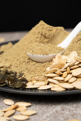 Flour from ground fresh pumpkin seeds, a superfood, a plant-based source of protein and vitamins.