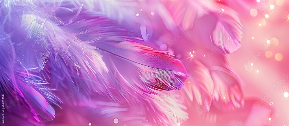 Poster an abstract festive background with a pink and purple feather, fluffy texture, and copy space image,