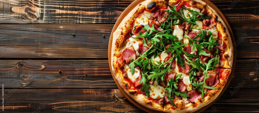 Poster flat lay on a wooden table featuring a delicious pizza topped with meat and arugula, providing copy 
