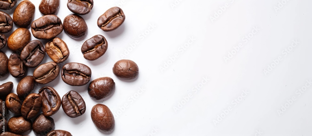 Poster close-up image of freshly roasted coffee beans on a white background with copy space for text.