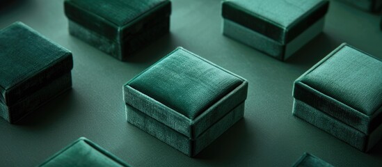 Close-up view of high-end velvet jewelry gift boxes against a green backdrop with room for a message in a copy space image.