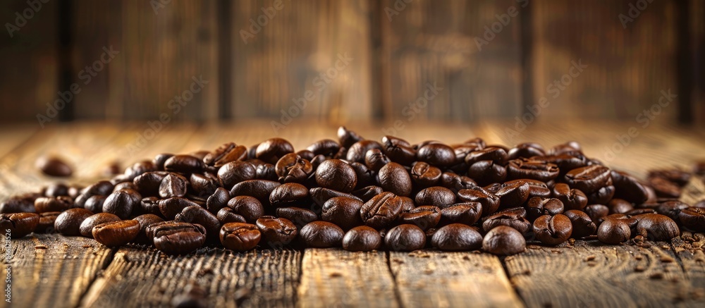 Poster Close-up view of a pile of coffee beans against a wooden backdrop with room for text in the picture. image with copy space
