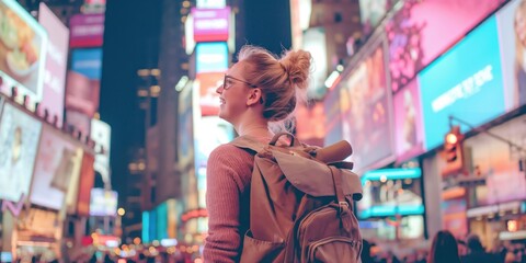 Fototapeta premium A woman standing in Times Square, looking up at billboards on buildings. The city is bustling around her with people enjoying their time in New York. Travel, solo female travel concept.
