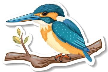 Fototapeta premium Vibrant Cartoon Kingfisher Perched on a Branch, Illustrated in Rich Colors - Generative ai
