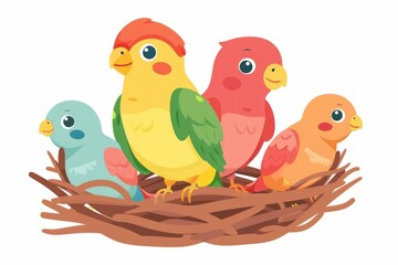 Naklejka premium Colorful Cartoon Birds in a Nest, Representing Family and Togetherness - Generative ai