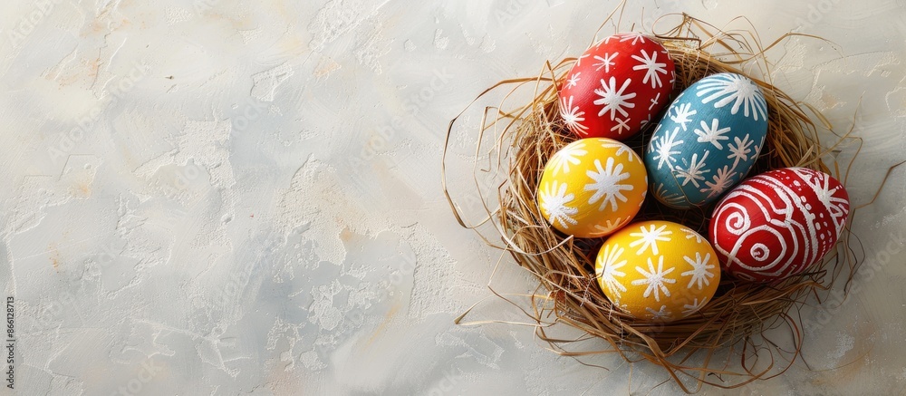 Leinwandbilder easter eggs in a small nest set on a light background, with copy space image in view.