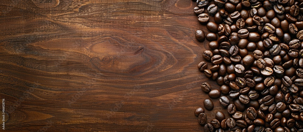 Poster Coffee beans roasted and displayed on a wooden surface with room for additional images are available in the copy space image.