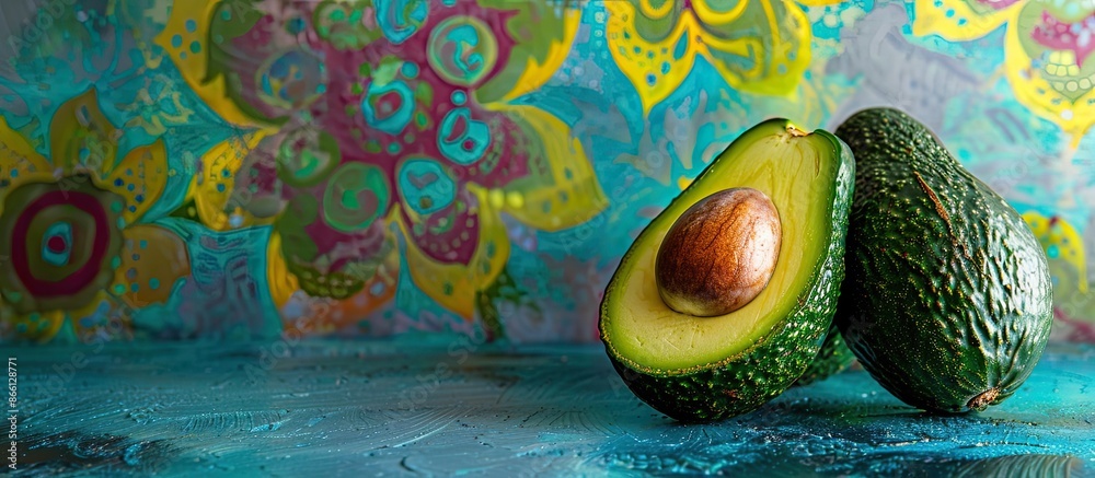 Poster avocado displayed on a vibrant decorative backdrop, with room for a copy space image.