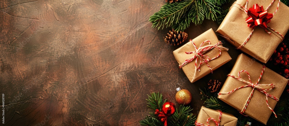 Poster elegant christmas gift box displays arranged on a background of rustic brown paper providing ample c