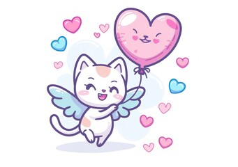 Adorable Cartoon Cat Cupid with Angel Wings and Heart Balloon Surrounded by Love - Generative ai