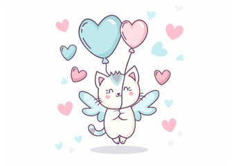 Adorable Cartoon Cat Cupid with Angel Wings and Heart Balloon Surrounded by Love - Generative ai