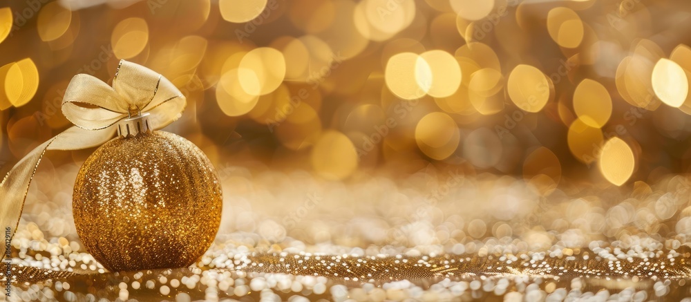 Poster christmas golden bauble and gift on a festive gold paper backdrop, close-up with room for text or gr