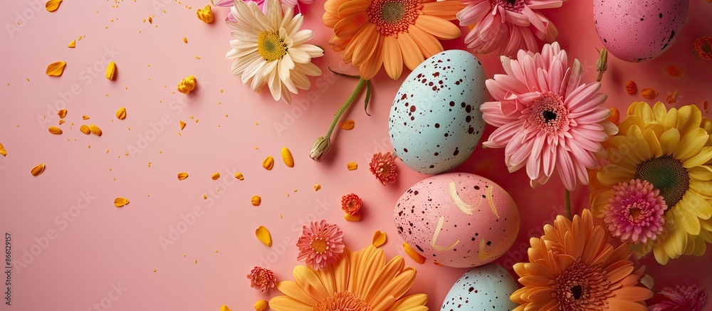 Poster colorful easter eggs and flowers displayed on a vibrant background with copy space image.