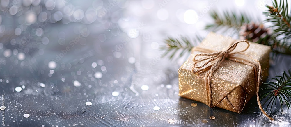 Poster Festive golden gift box with pine branch on shiny silver background. Simple holiday theme with a small gold present box and room for text in the image's empty space. image with copy space