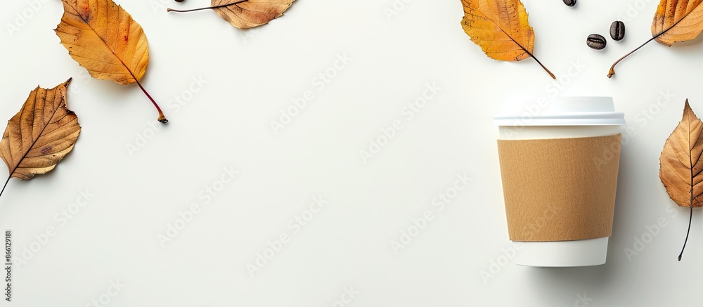 Poster Coffee cup with autumn leaves next to it on white background, providing empty space for text or images. image with copy space