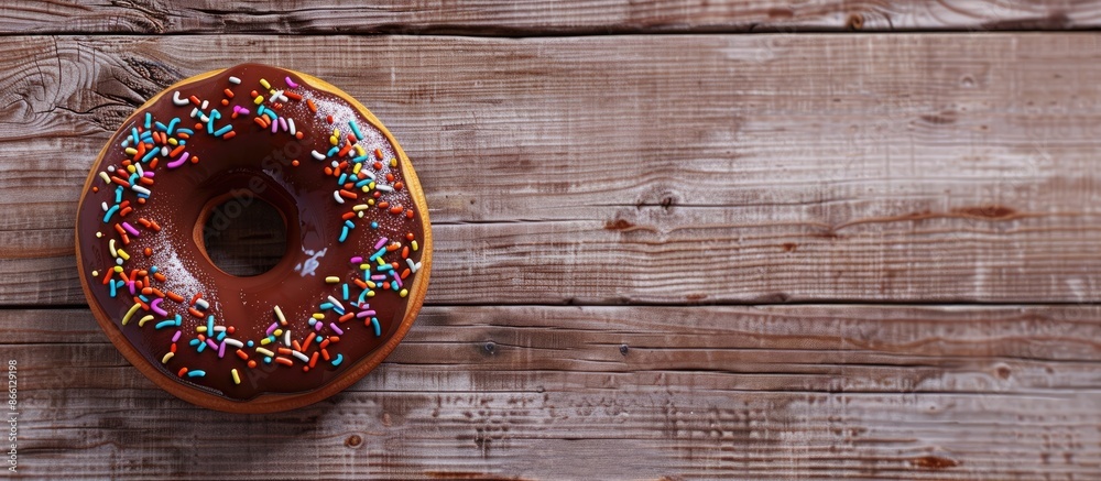 Poster chocolate glazed doughnut with sprinkles on a wooden table, featuring copy space image.