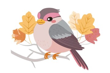 Vibrant Cartoon Bird Perched on Blossomed Branch - A Cheerful Encounter in Nature - Generative ai