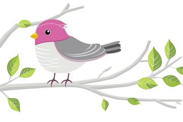 Fototapeta premium Vibrant Cartoon Bird Perched on Blossomed Branch - A Cheerful Encounter in Nature - Generative ai