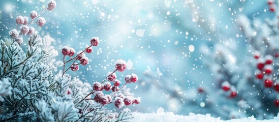 Celebrate the festive season with a charming winter landscape complete with snow and beautiful decorations against a copy space image.