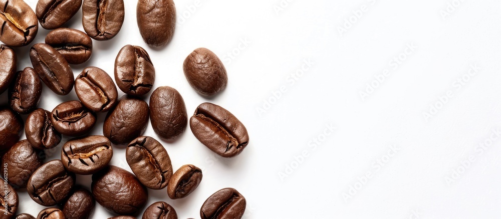 Poster Close-up view of roasted coffee beans against a white background with ample copy space image.