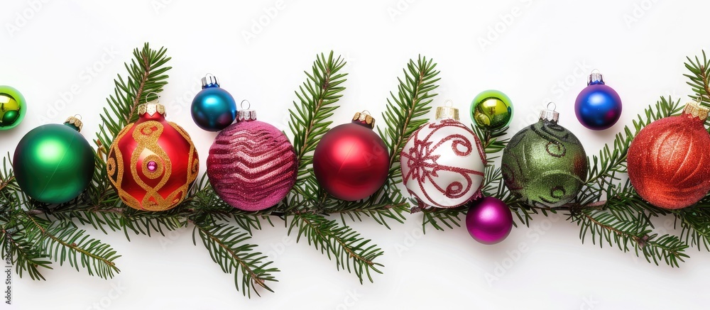 Poster Festive Christmas ornaments and fir branches with decorations arranged against a white background, suitable for adding a copy space image.