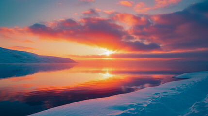 Fototapeta premium Calm lake reflecting a beautiful orange sunset on a snowy winter day