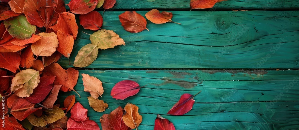Poster fall-colored dried leaves piled up on a green wooden surface with a blank area for text or images, c