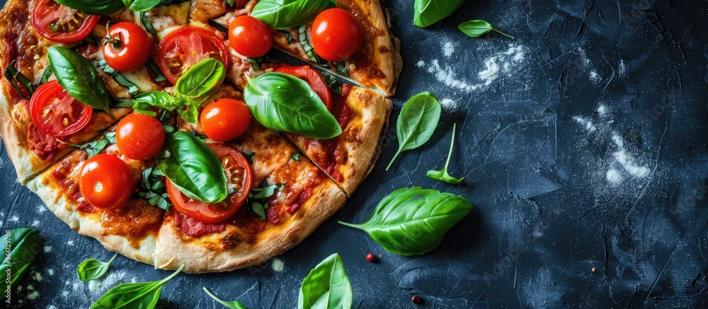 Leinwandbilder close-up image of a delicious vegetable and basil pizza on a table with copy space image available.