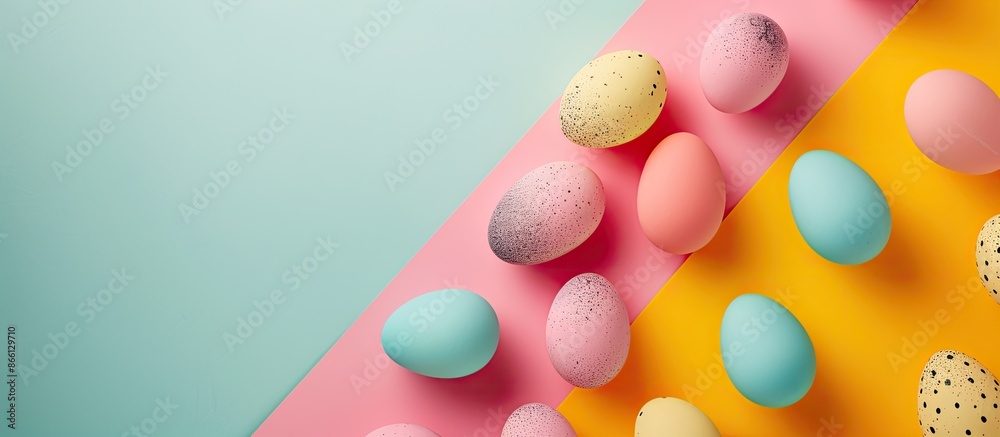 Poster Flat lay Easter eggs on a vibrant background with copy space image.