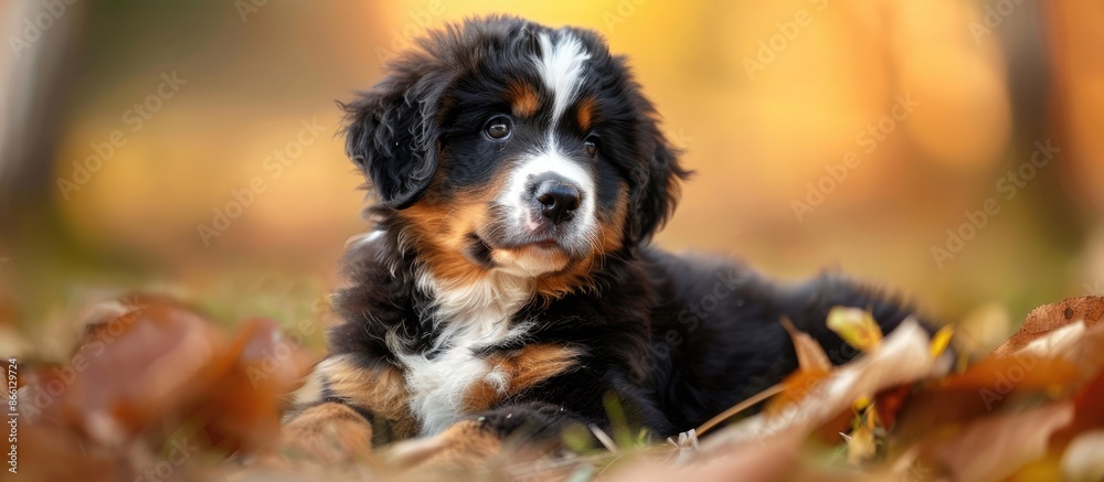 Poster bernese mountain dog puppy portrayed in a natural setting with ample copy space image available.