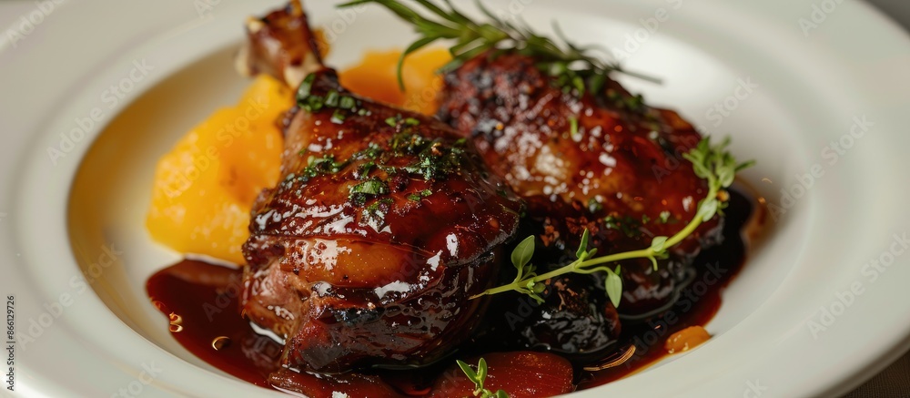 Poster Close-up view with selective focus of duck confit in dark cherry glaze accompanied by a quince puree infused with herbs, against a plain background for a copy space image.