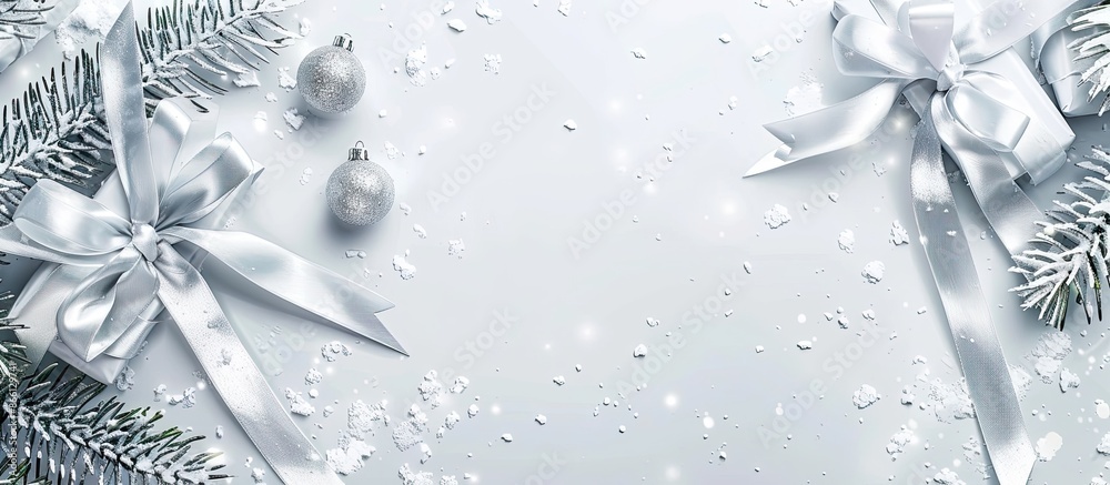 Poster festive banner with white texture and silver ribbons on snowy background for christmas or new year d